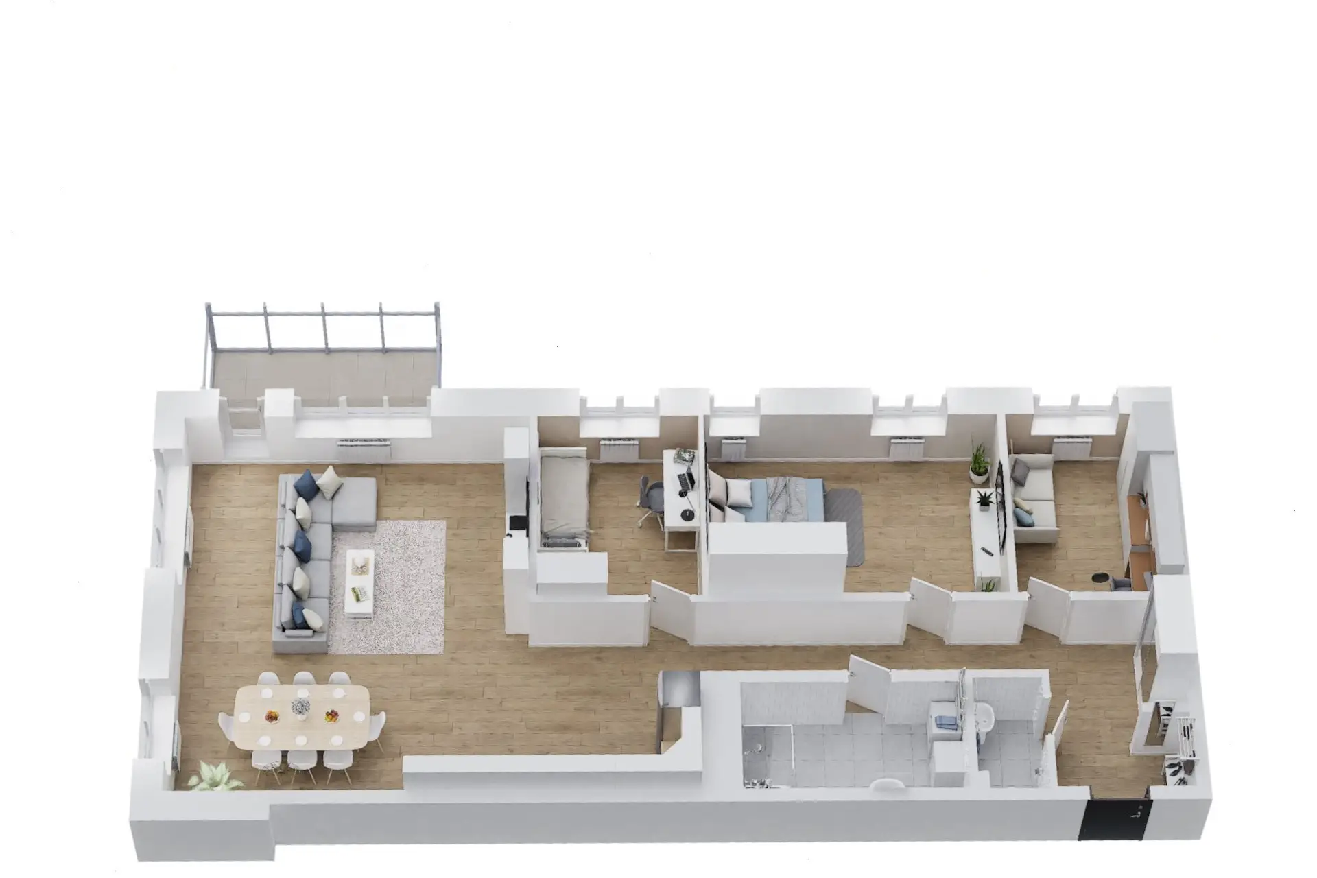 3D-planritning för en modern lägenhet med ett vardagsrum, kök, två sovrum, badrum och en balkong, med modern inredning och ett neutralt färgschema.